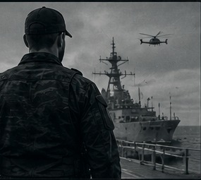 Veteran overlooking a naval ship